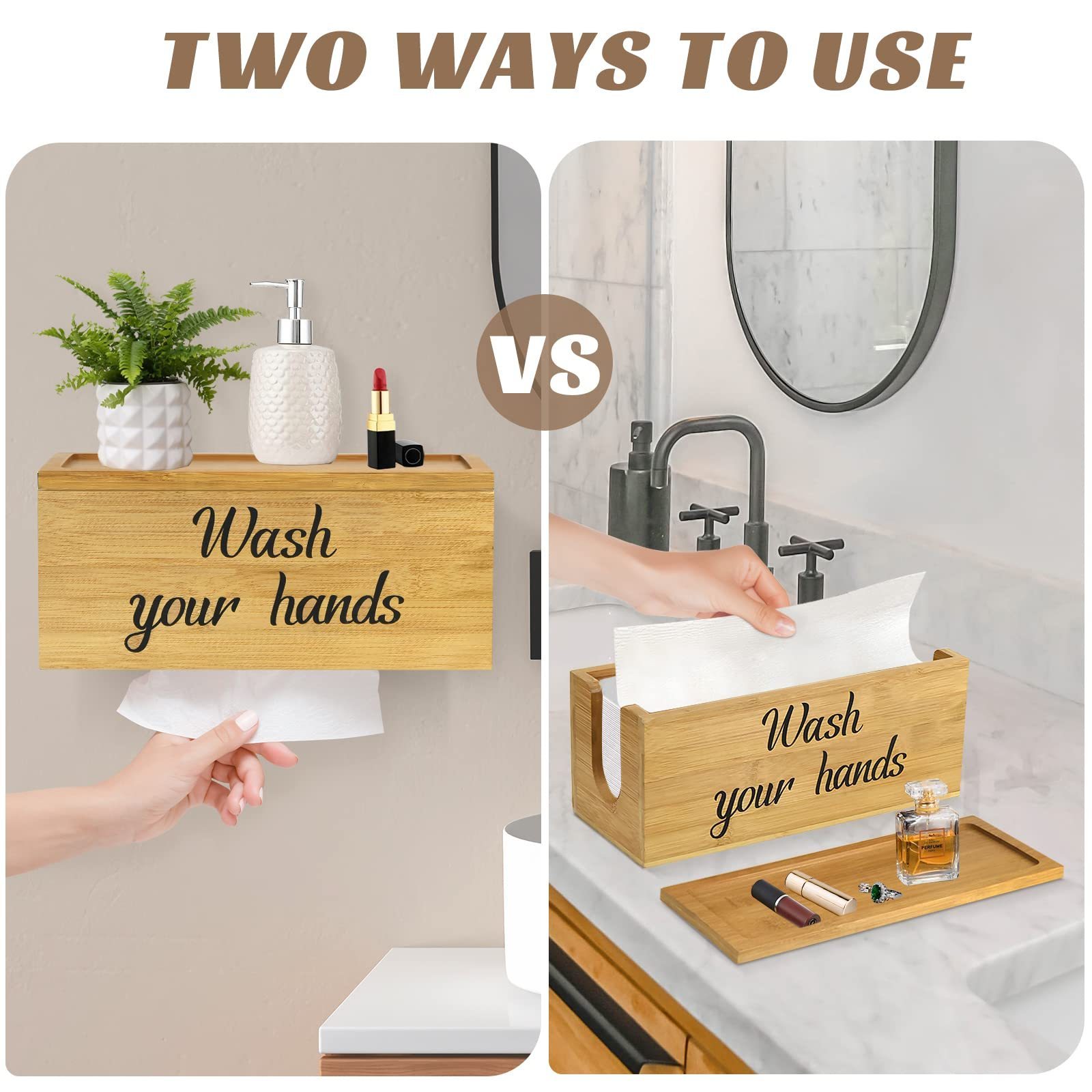 Bamboo Wood Paper Towel Dispenser Wall Mount Commercial Toilet Paper Towel Holder with Lid Countertop for Bathroom Kitchen