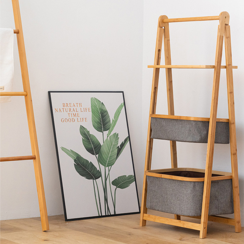 HOSTK Home 2-Tier Foldable Storage Baskets Bamboo Shelving Unit