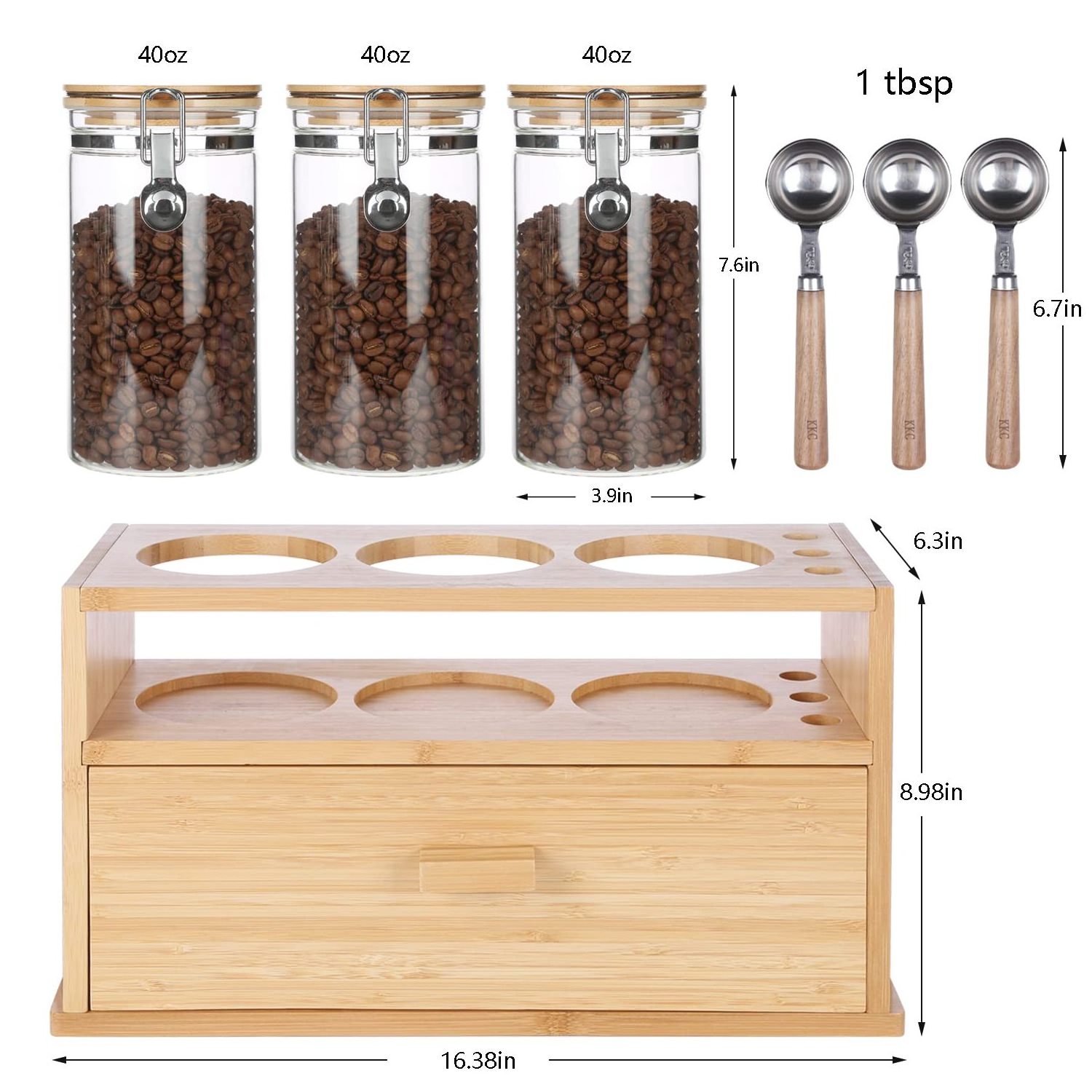 Bamboo Tea and Coffee Organizer for Countertop with Tea Bags Drawer Coffee Tea Bar Organizer with Airtight Glass Containers