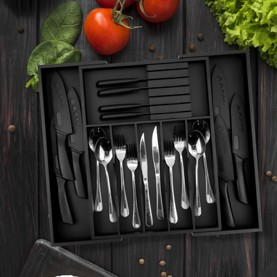 HOSTK Bamboo Wooden Kitchen Expandable Utensil Holder and Cutlery Tray with Divider Gay Black Bamboo Silverware Drawer Organizer