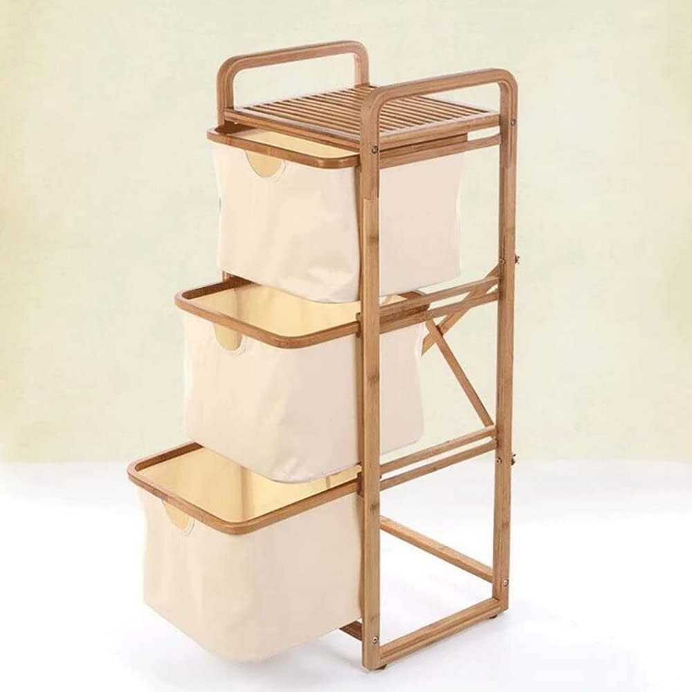 3-Layer Bamboo Laundry Basket Dirty Clothes Basket and Shelf with 3 Compartments Laundry Hamper for Bedroom Living Room Balcony