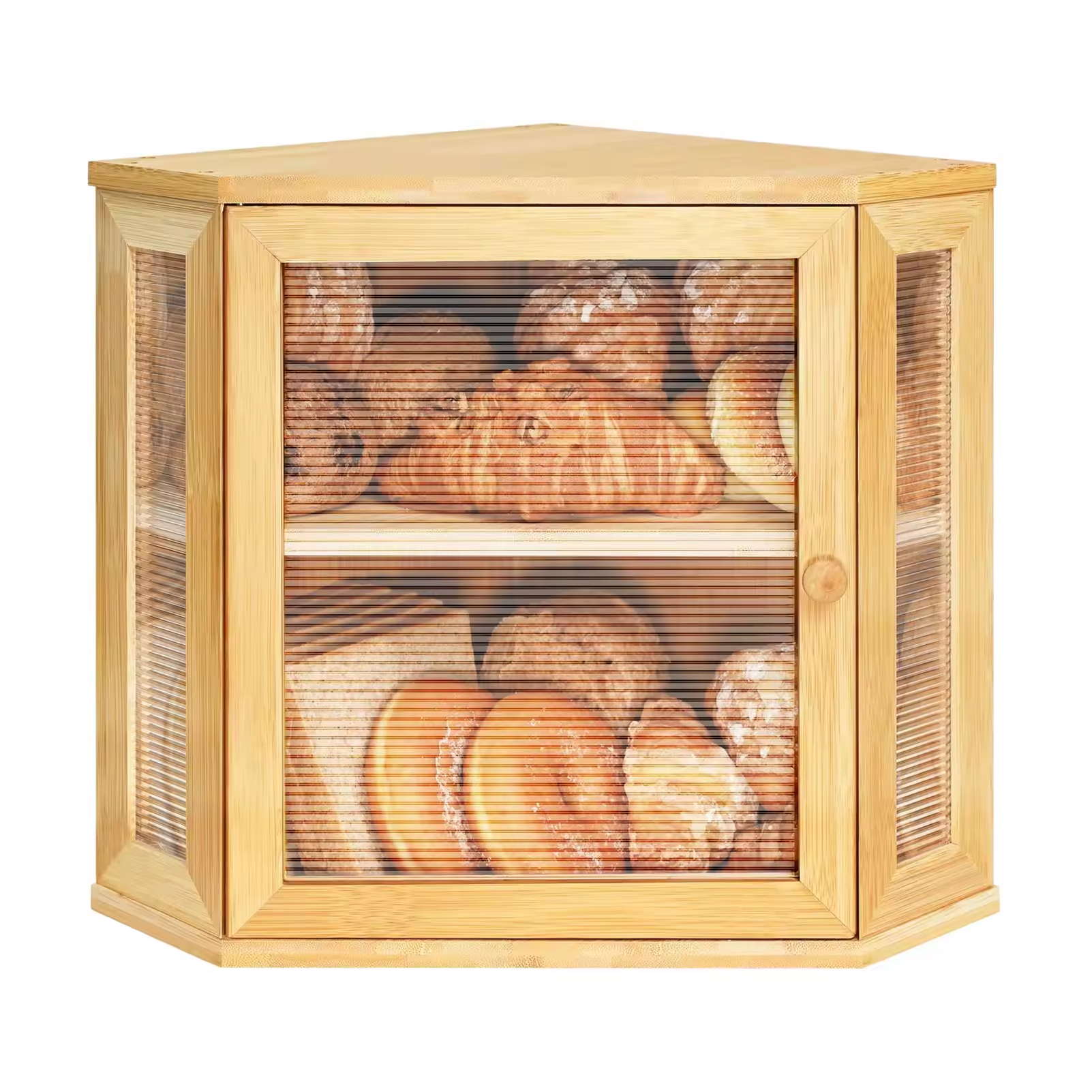 2-Layer Bamboo Corner Bread Box for Kitchen Counter Large Capacity Wood Bread Storage Bin with Acrylic Wavy Door Panel