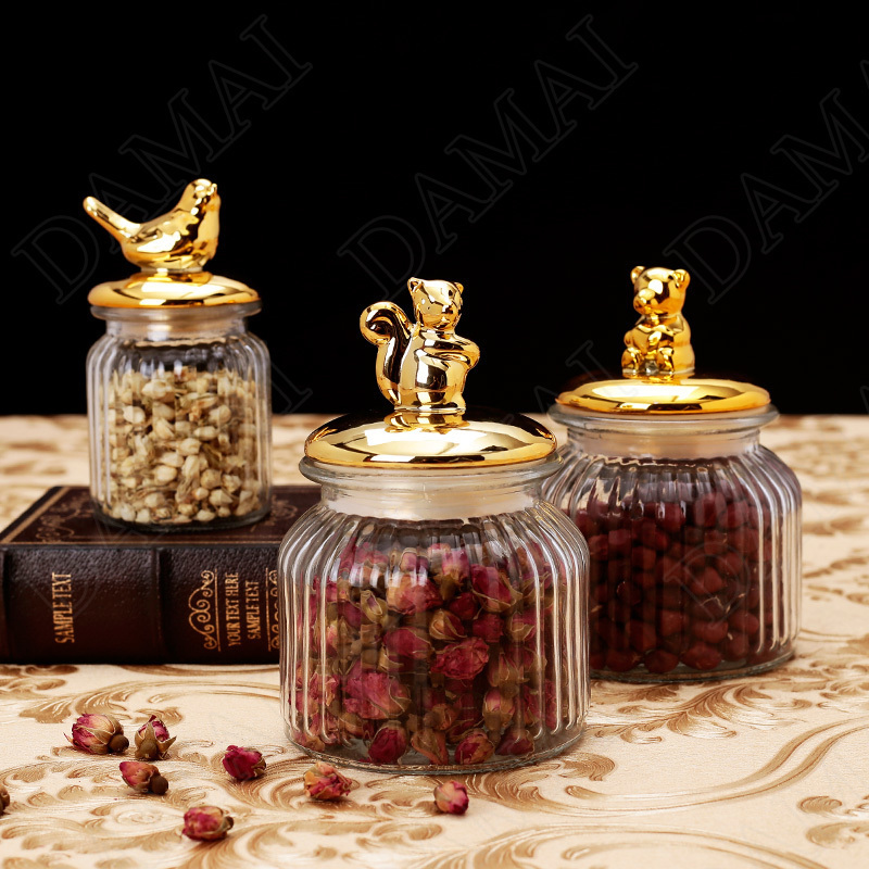 Golden Animal Decorative Storage Jar Spice Can Candy Container Dried Fruit Organizer Tea Canister Sealed Glass Cover Support