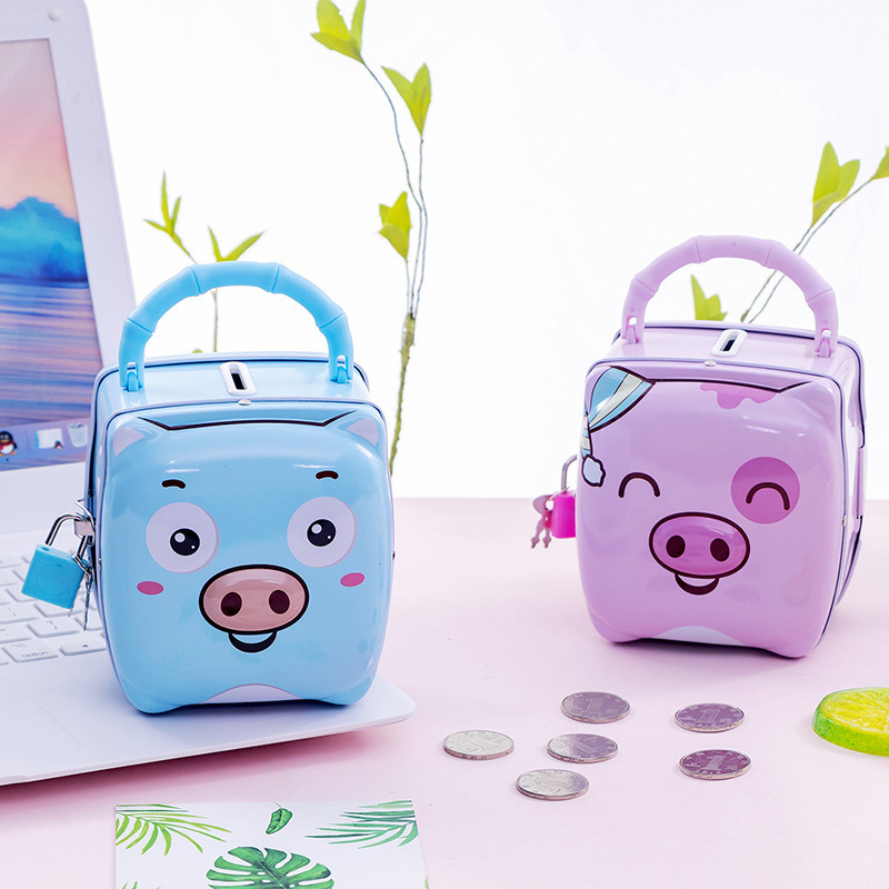 Cute Cartoon Metal Portable Piggy Coin Bank For Kids Safe With lock and key Children's Birthday Gift Money Saving Box