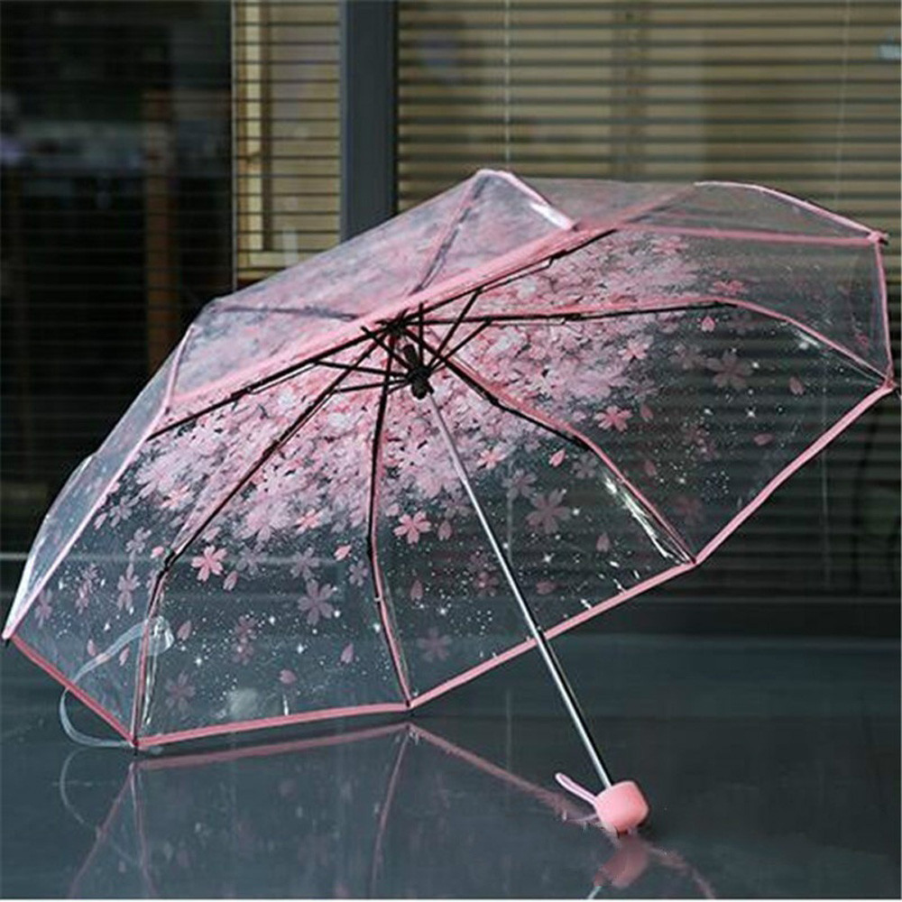 Transparent Clear Cherry Blossom Mushroom Apollo Sakura 3 Fold Creative Long-handle Umbrella Beautiful Hot Sale