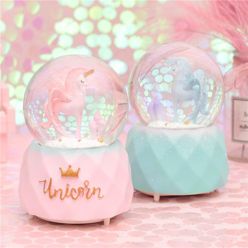 10*15.8CM Snow lighting Crystal Globes unicorn Music Box Glass Home Coffee Shop Decoration Christmas Valentine's Day Gift