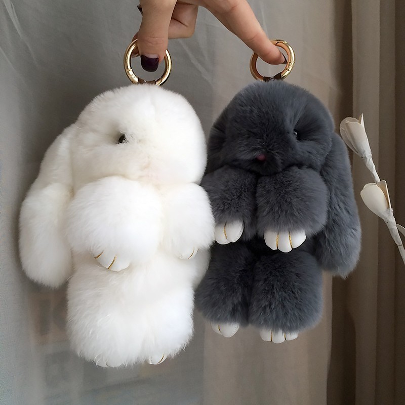 Fluffy Real Fur Pompon Bunny KeychainTrinket Women Toy Pompom Rabbit Ring Car Key Chain Jewelry New Year Gift