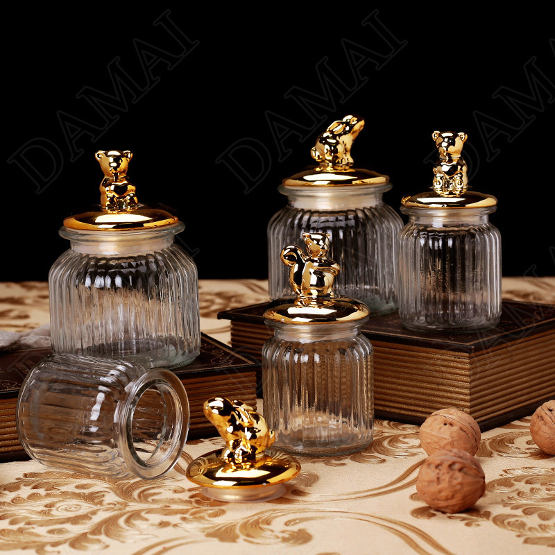 Golden Animal Decorative Storage Jar Spice Can Candy Container Dried Fruit Organizer Tea Canister Sealed Glass Cover Support