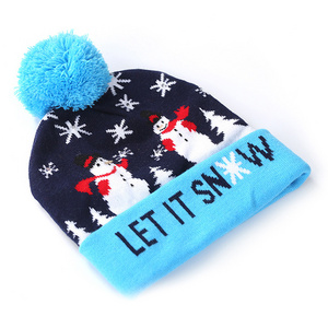 Multiple Colour Christmas Hat LED Light Soft Warm Santa Elk Snowman Print Sweater Knitted Beanie Cap Xmas Hats for kids Adults