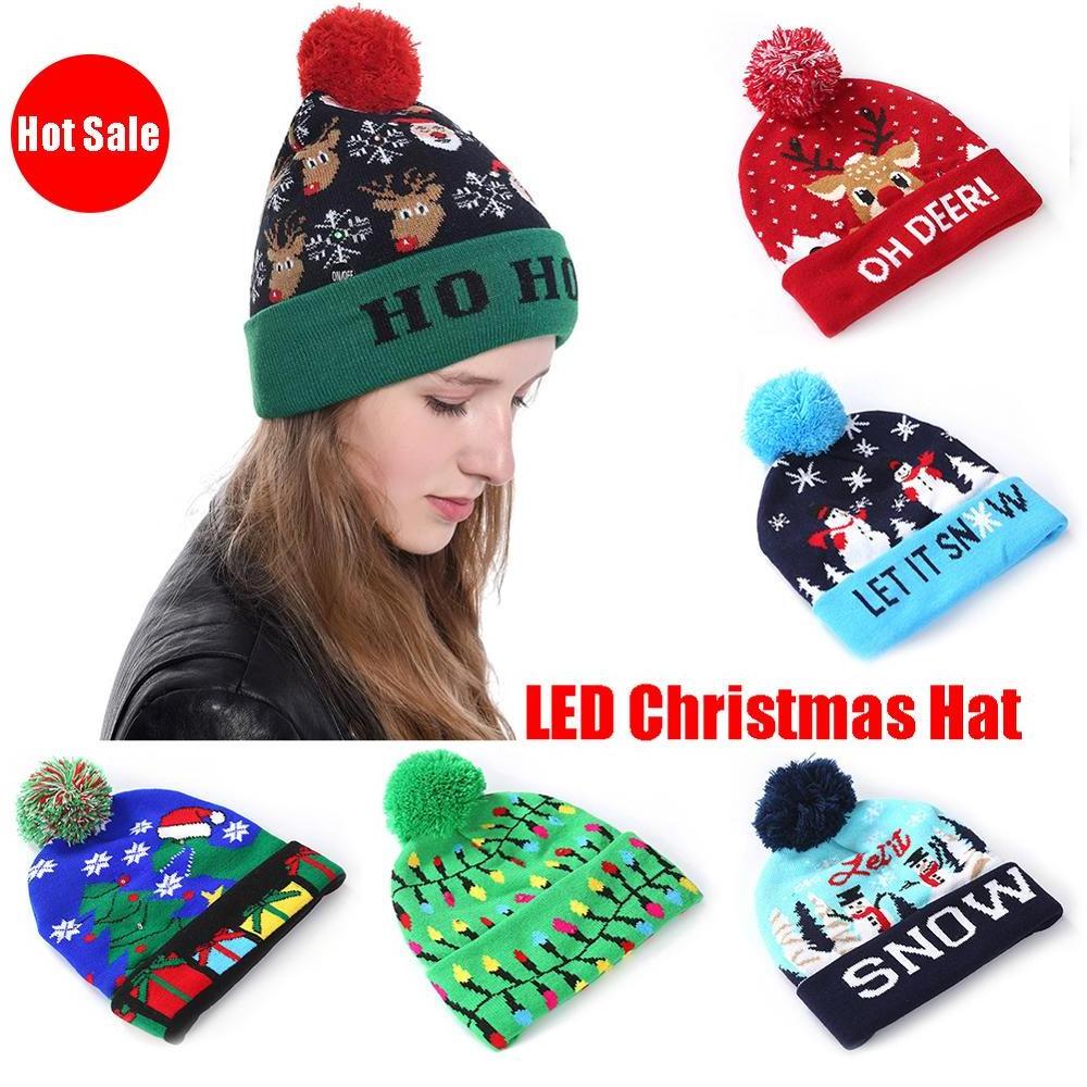 Multiple Colour Christmas Hat LED Light Soft Warm Santa Elk Snowman Print Sweater Knitted Beanie Cap Xmas Hats for kids Adults