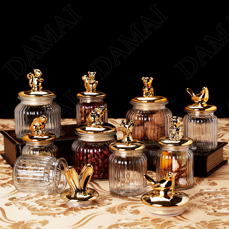 Golden Animal Decorative Storage Jar Spice Can Candy Container Dried Fruit Organizer Tea Canister Sealed Glass Cover Support