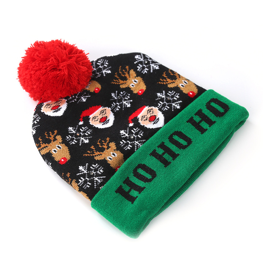 Multiple Colour Christmas Hat LED Light Soft Warm Santa Elk Snowman Print Sweater Knitted Beanie Cap Xmas Hats for kids Adults