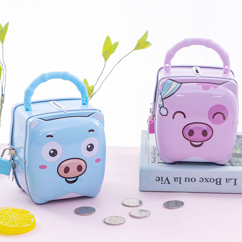 Cute Cartoon Metal Portable Piggy Coin Bank For Kids Safe With lock and key Children's Birthday Gift Money Saving Box