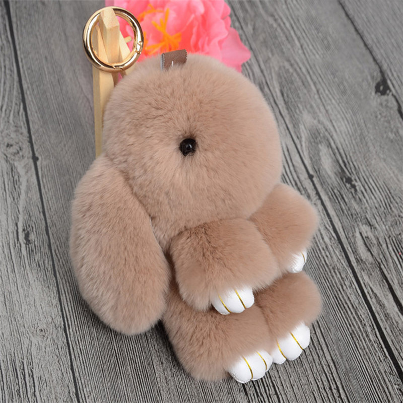 Fluffy Real Fur Pompon Bunny KeychainTrinket Women Toy Pompom Rabbit Ring Car Key Chain Jewelry New Year Gift