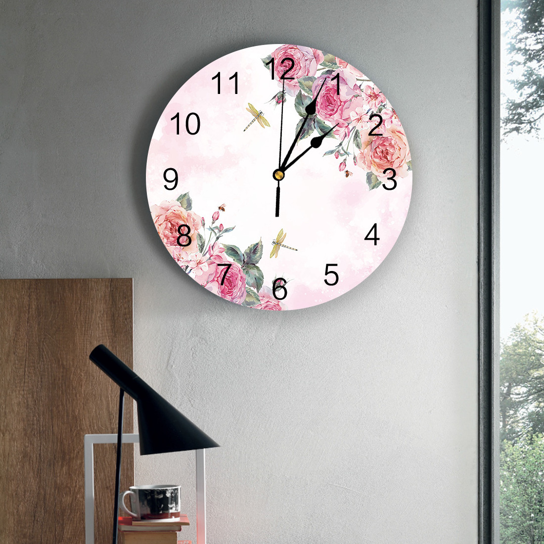 Creative Pink Flower Dragonfly Modern Design Living Room Bedroom Office Cafe Home Decoration Fashion Wall Clock