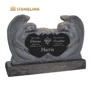 Factory Wholesale OEM/ODM Black Granite Double Angels and Hearts Upright Double Headstone For Graves