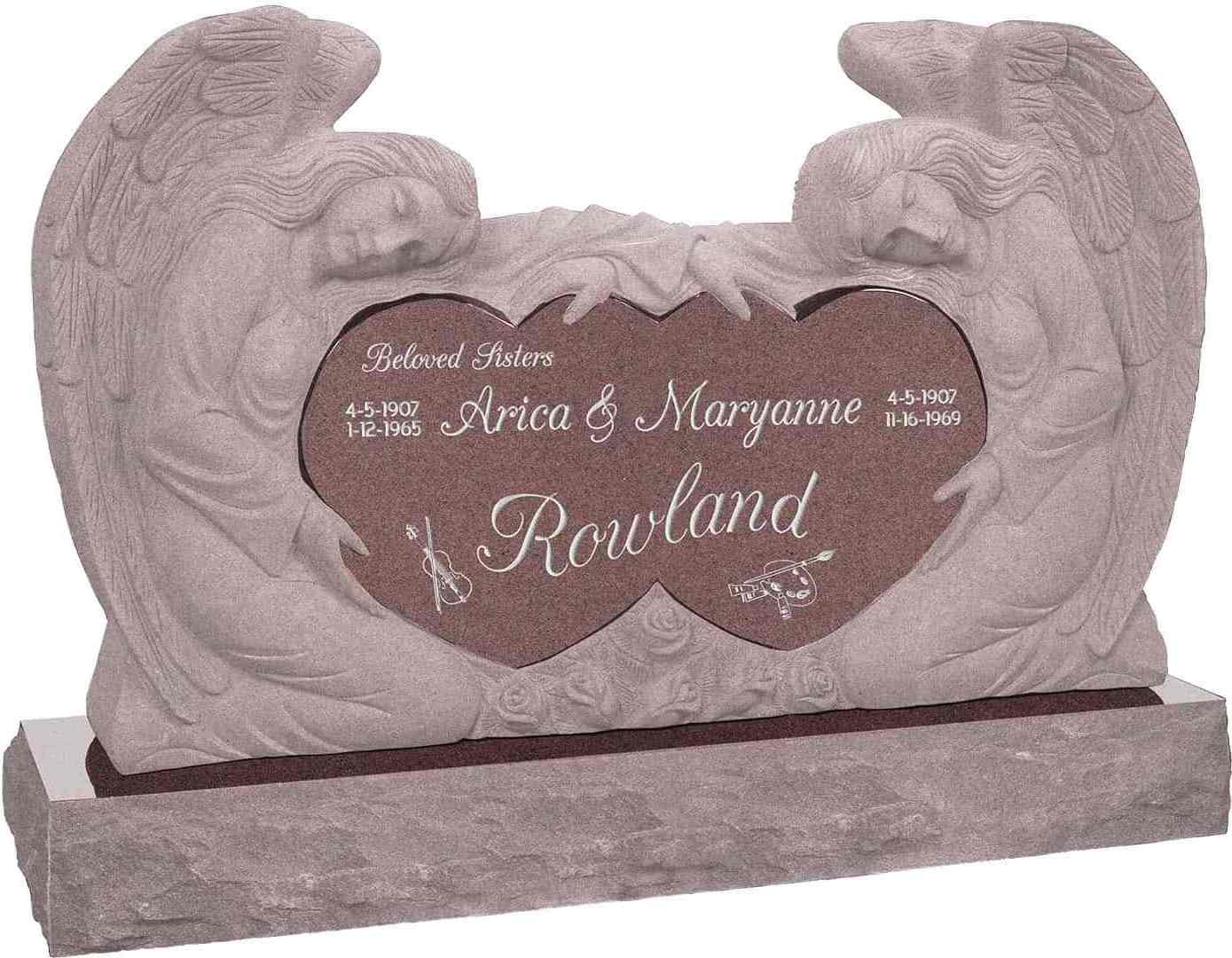 Factory Wholesale OEM/ODM Black Granite Double Angels and Hearts Upright Double Headstone For Graves