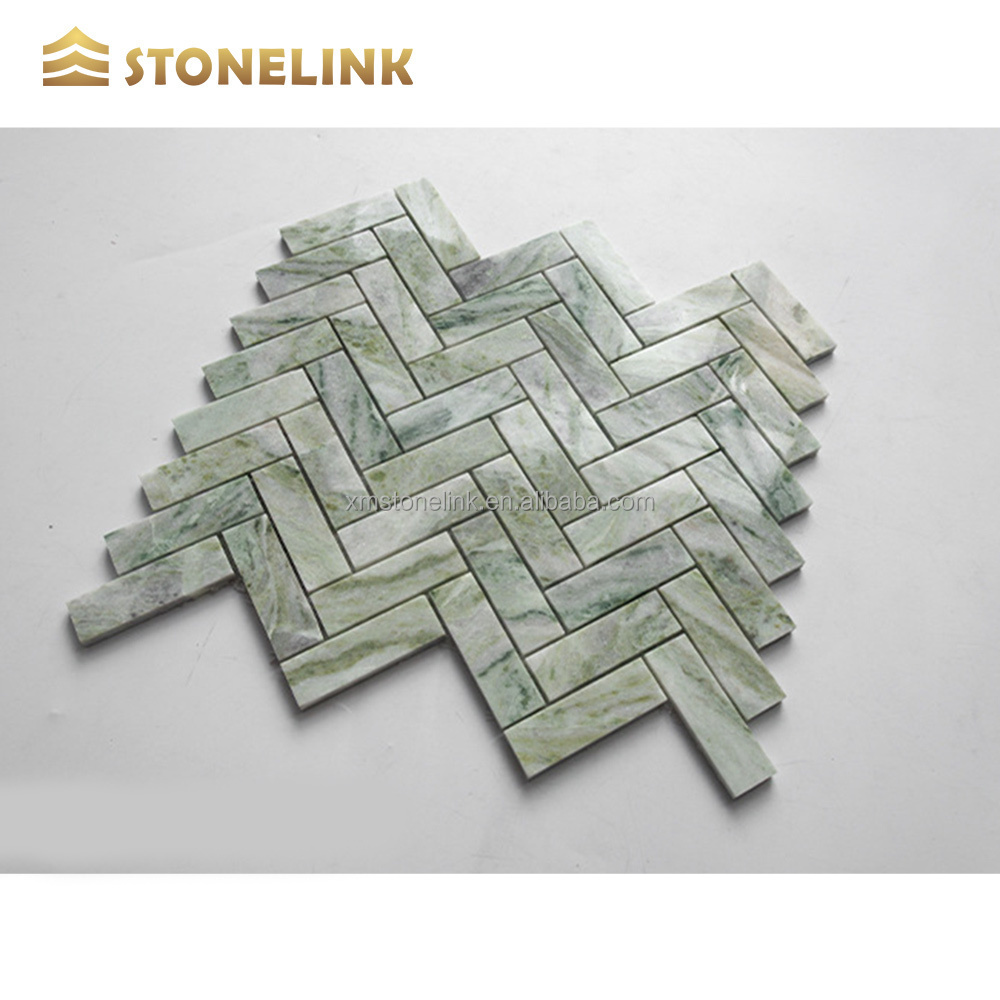 Natural Stone Wooden Grain Marble Mosaic Herringbone Pattern With Metal Mosaic Tiles