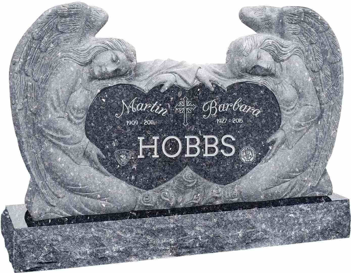 Factory Wholesale OEM/ODM Black Granite Double Angels and Hearts Upright Double Headstone For Graves