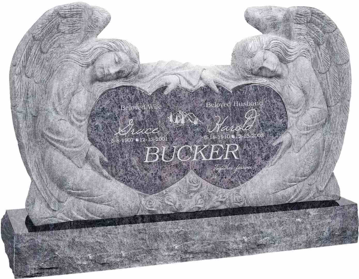 Factory Wholesale OEM/ODM Black Granite Double Angels and Hearts Upright Double Headstone For Graves