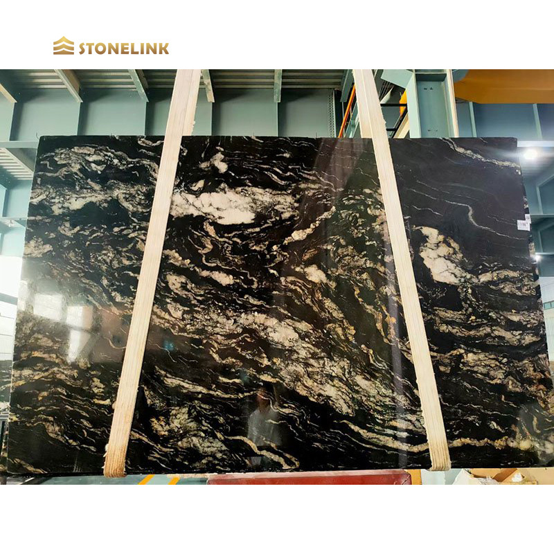 Stonelink Factory Wholesale Price Brazil Natural Granite Stone Cosmic Black Granite Slab For Kitchen Island Countertop