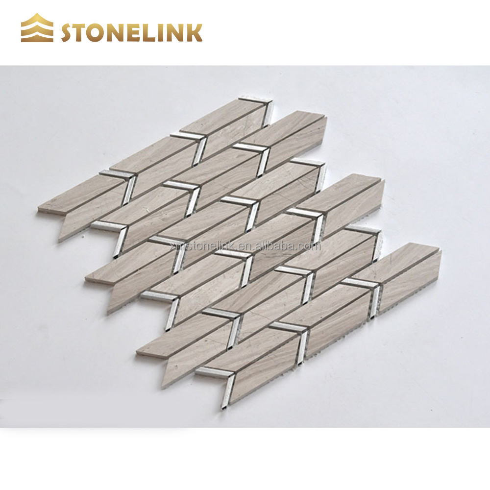 Natural Stone Wooden Grain Marble Mosaic Herringbone Pattern With Metal Mosaic Tiles