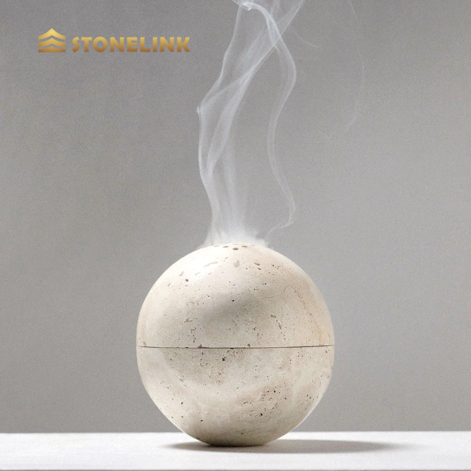 Customized Home Decoration Religious Natural Beige Marble Travertine Round Sphere Incense Holder Burner