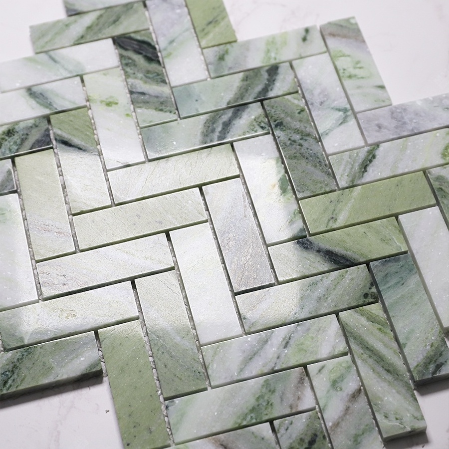 Modern Kitchen Backsplash Ming Green Polished Honed Herringbone Long Oval Shape Wall Tile Marble Stone Mosaic Supplier