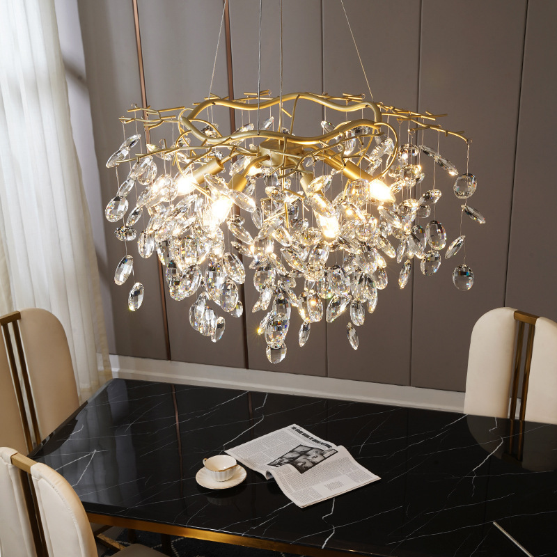 Nordic Luxurious Leaves Drop Suspended Ceiling Board Lighting Dining Table Art Glass Chandelier Crystal