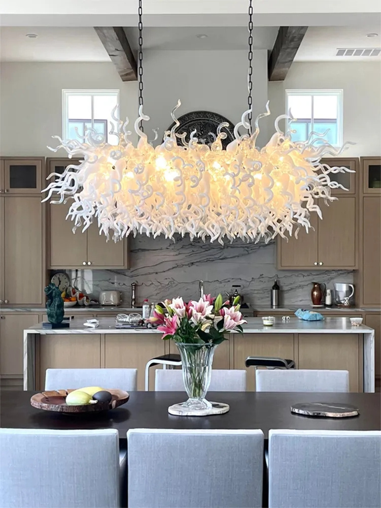 Modern Chain Hanging Linear Lighting Fixture Big White and Clear Hand Blown Glass Chandelier