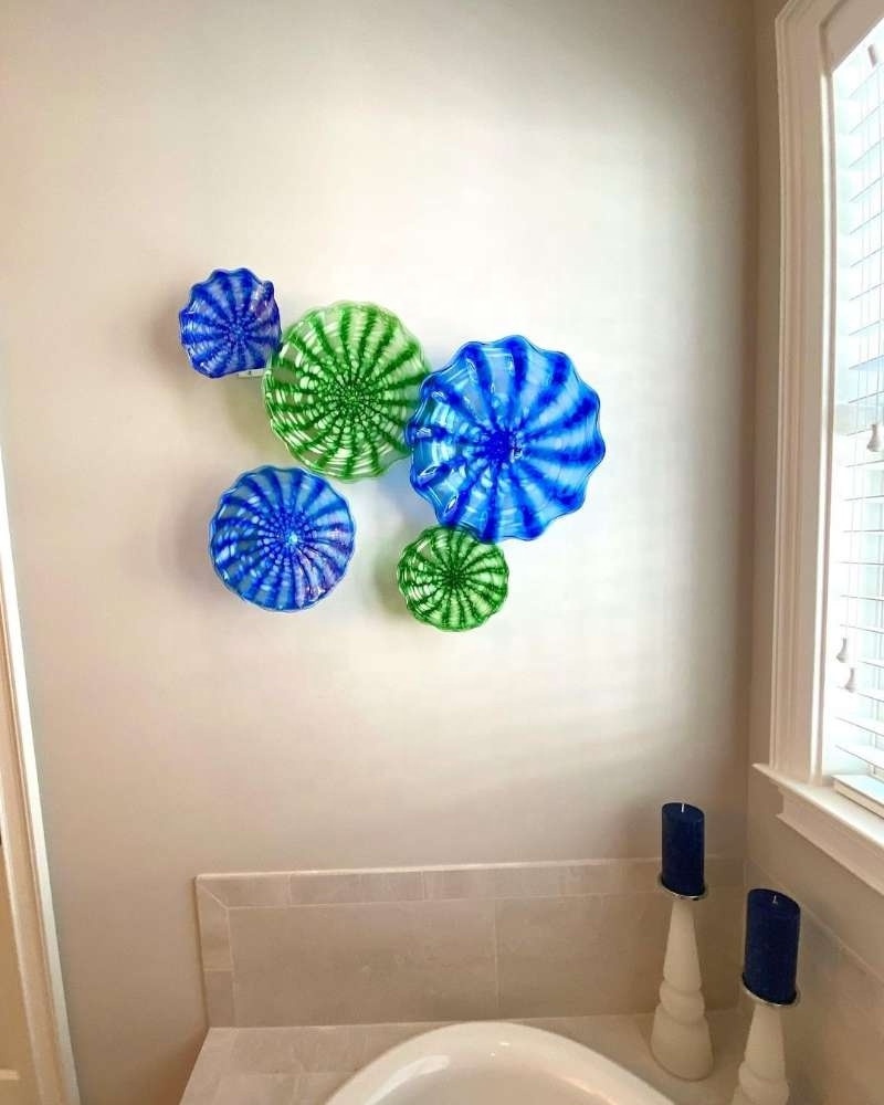 Dining Room Wall Sculpture Luxury Green and Blue Murano Flower Plate Art Glass Wall Decor