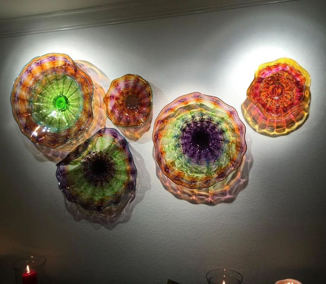 Lovely Square Murano Glass Plate LED Light Metal Mounted Flower Hanging Wall Art Plate for Home Decoration