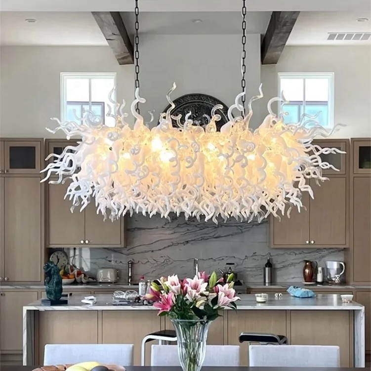 Modern Chain Hanging Linear Lighting Fixture Big White and Clear Hand Blown Glass Chandelier