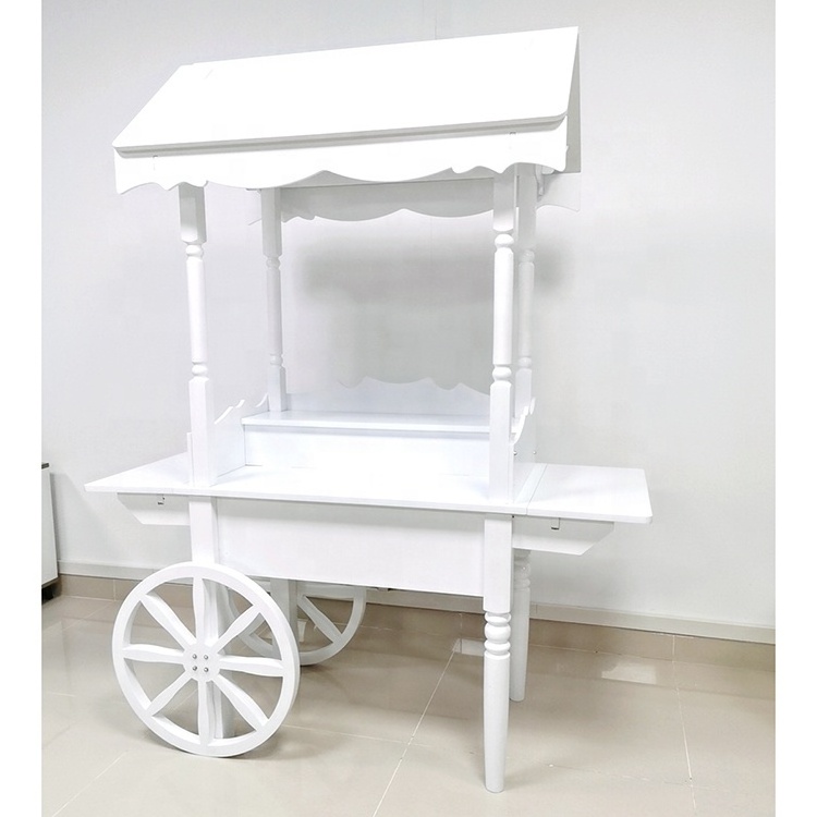 Hot Sale Wedding Supplies Wooden Dessert White Candy Party Sweets Carts Wedding Decoration Candy Flower Bar Cart with Wheels