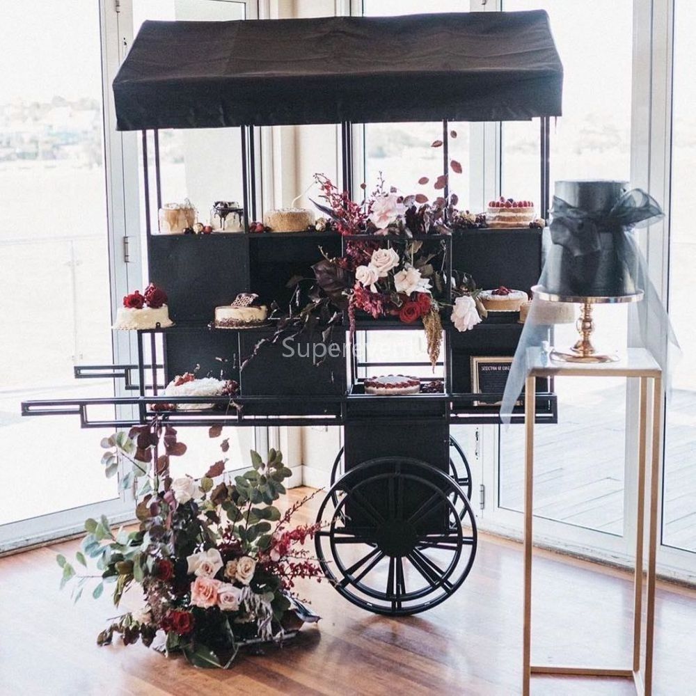 Metal mobile flower display sweet candy cart wedding party decoration event Iron black dessert candy bar cart for parties