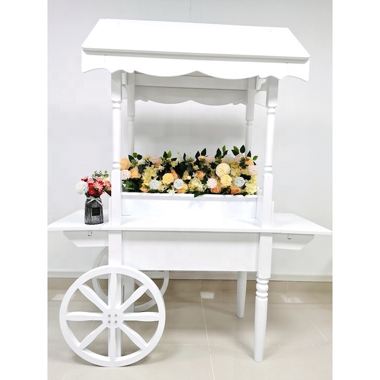 Hot Sale Wedding Supplies Wooden Dessert White Candy Party Sweets Carts Wedding Decoration Candy Flower Bar Cart with Wheels