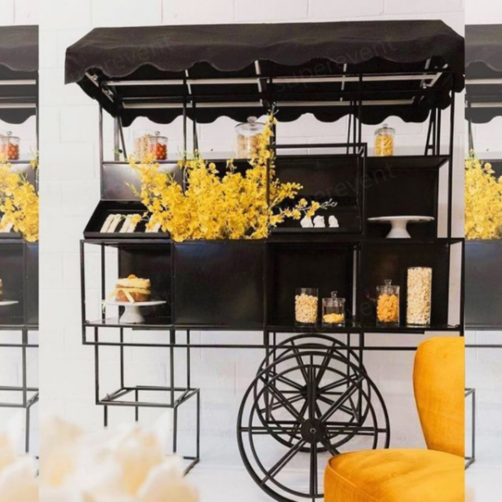 Metal mobile flower display sweet candy cart wedding party decoration event Iron black dessert candy bar cart for parties