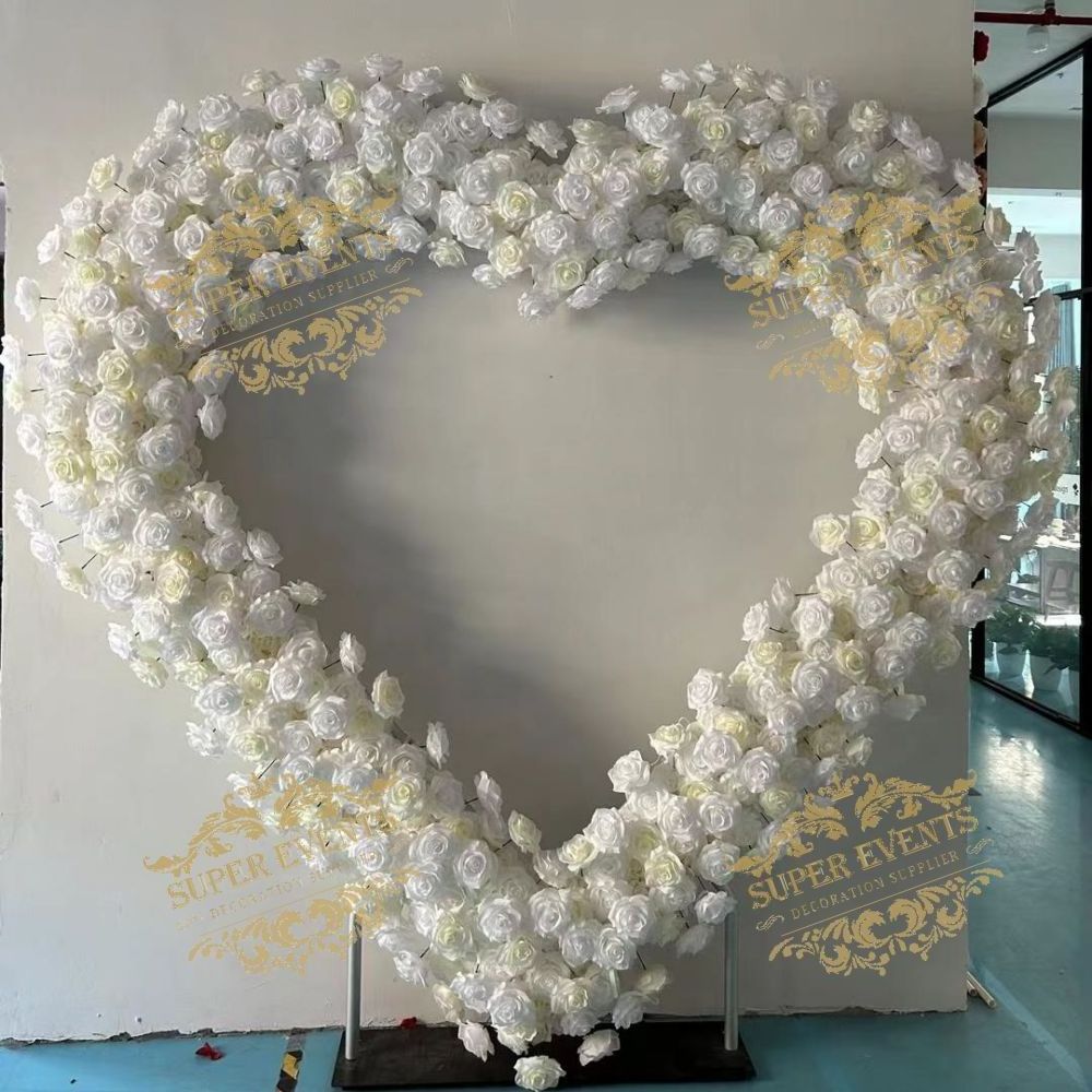 wedding decoration Artificial Red heart shaped floral White round arch horn silk flowers arch Flower backdrop for wedding event