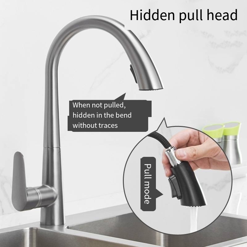 Kitchen copper sink faucet hot and cold hidden pull head gun gray wash basin sink faucet