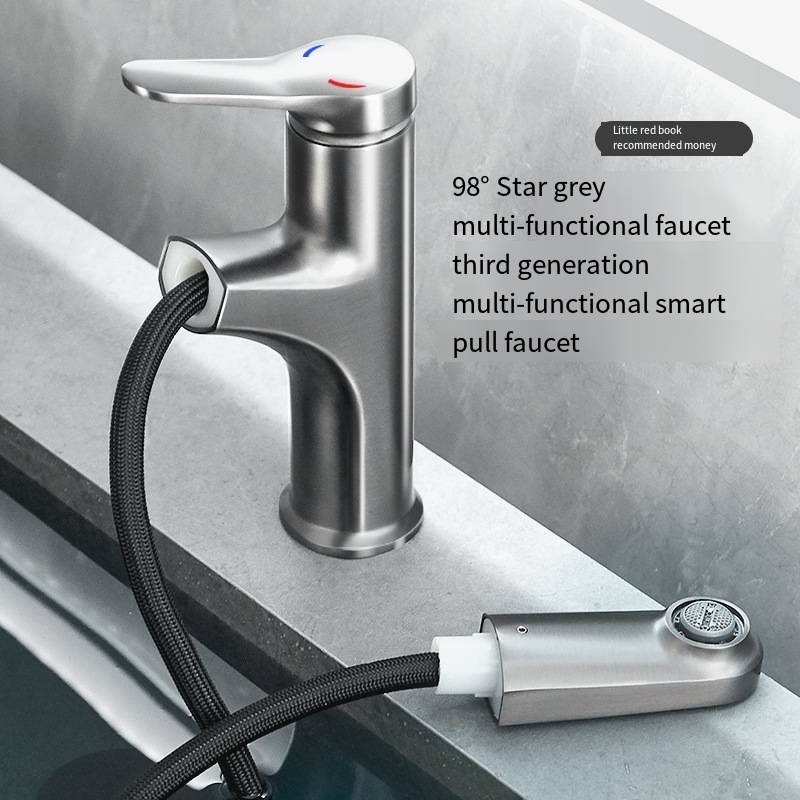 Copper Single-Hole Bathroom Faucet Hot and Cold Retractable Washbasin with Pull out Faucet Gun Ash Finish Faucet Accessories