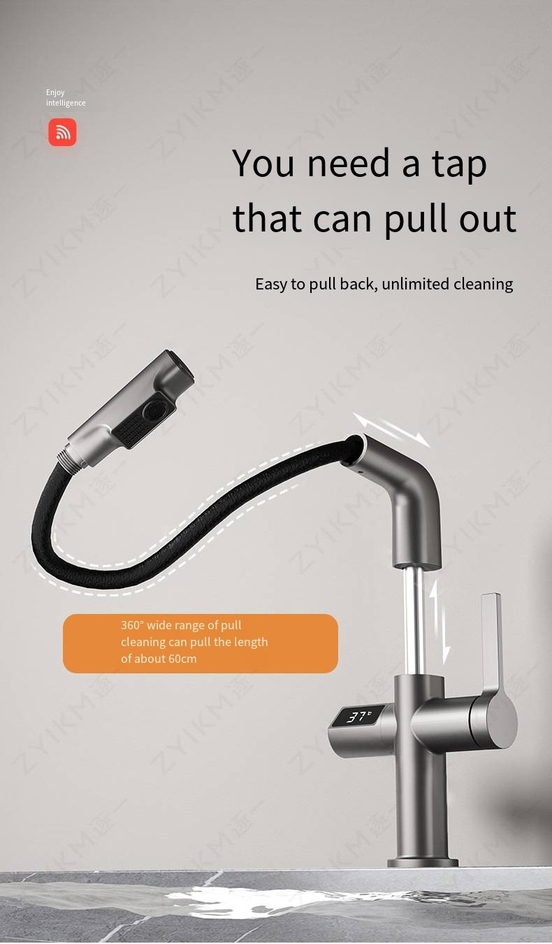 Smart All-Copper Basin Bathroom Faucet in White with Pull-Out Digital Lift Featuring Gun Gray Accent-Bathroom Faucet Accessories