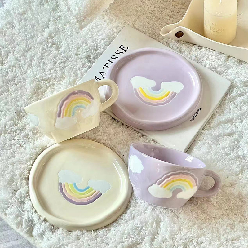 SYL Japanese hand-painted rainbow niche ceramic coffee cup set with saucer ins souvenir afternoon tea cup