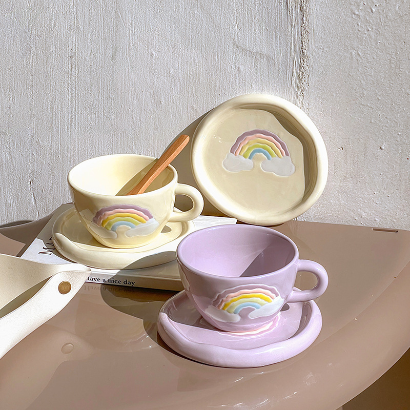 SYL Japanese hand-painted rainbow niche ceramic coffee cup set with saucer ins souvenir afternoon tea cup