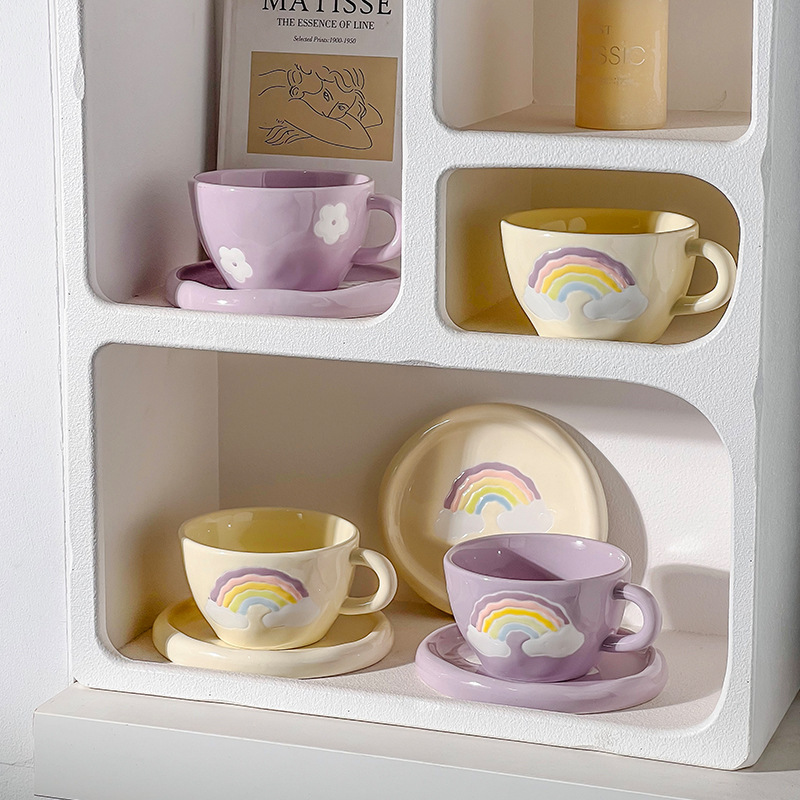 SYL Japanese hand-painted rainbow niche ceramic coffee cup set with saucer ins souvenir afternoon tea cup