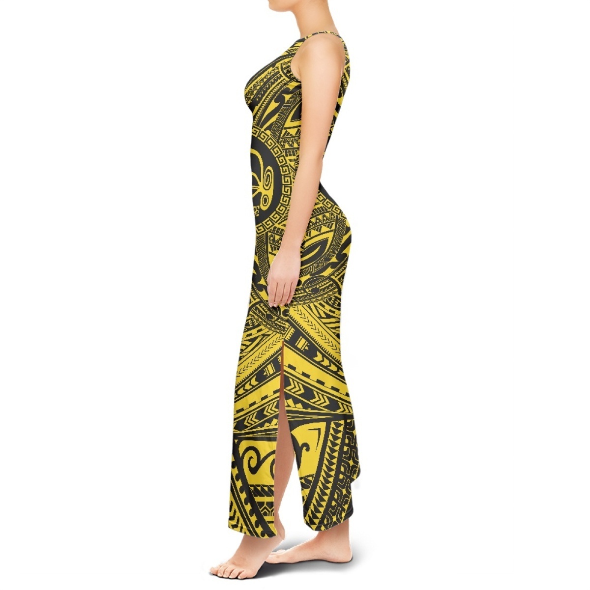 Polynesian Tribal Flowers Pattern Sleeveless Dresses High Split Dress Women Party Beach Maxi Dress Sexy Clothing  Print On Deman