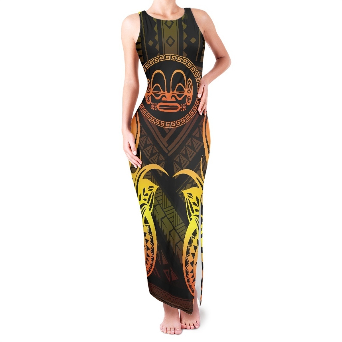 Hot Sale Polynesian Style Pattern Design Maxi Dress Women Romantic Side Split Dresses Vacation Casual Sleeveless Bodycon Dresses