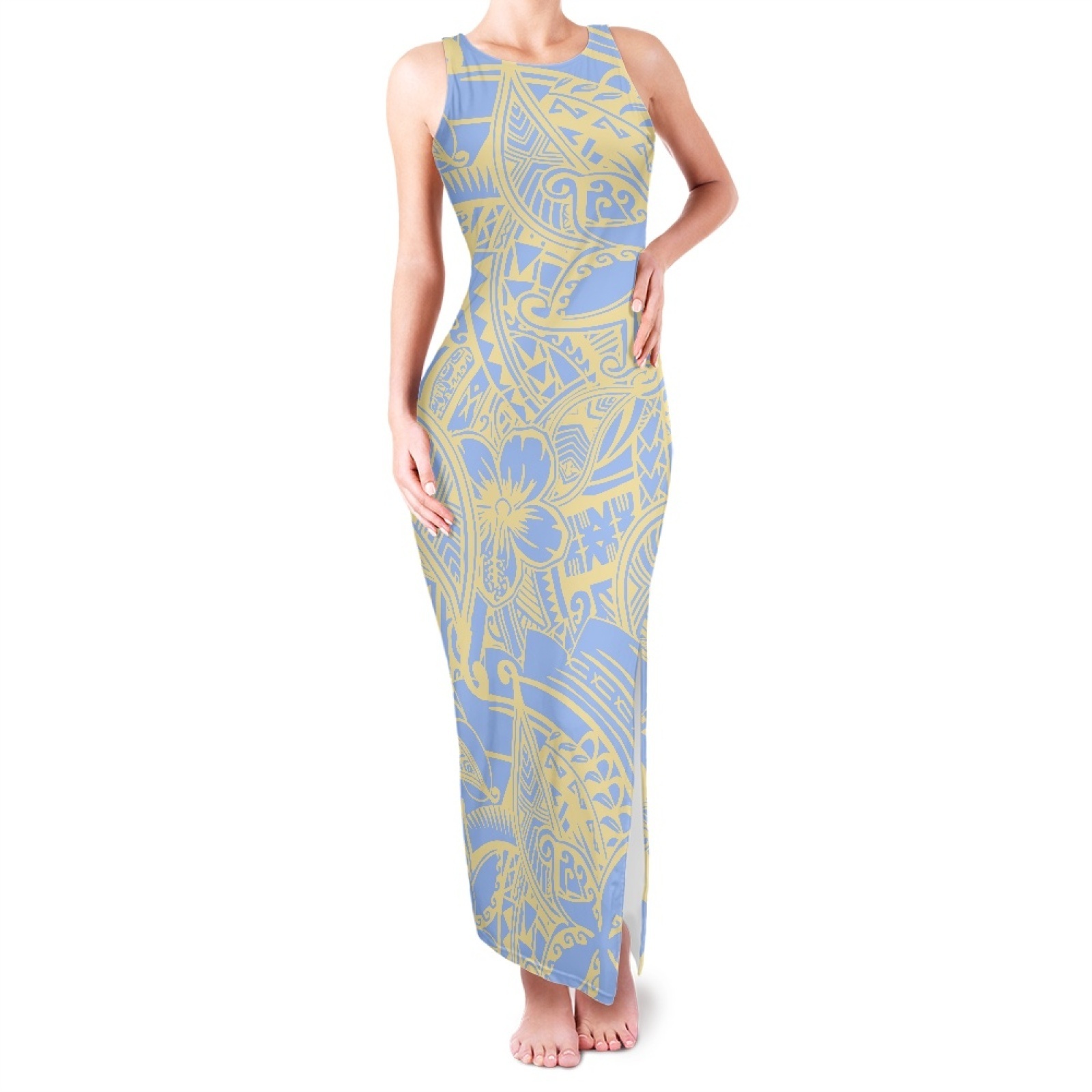 3D Polynesia Flowers Printed Sexy Maxi Long Tight Side High Split Slit Dress Sleeveless Double Slit Sundress Women's Dresses