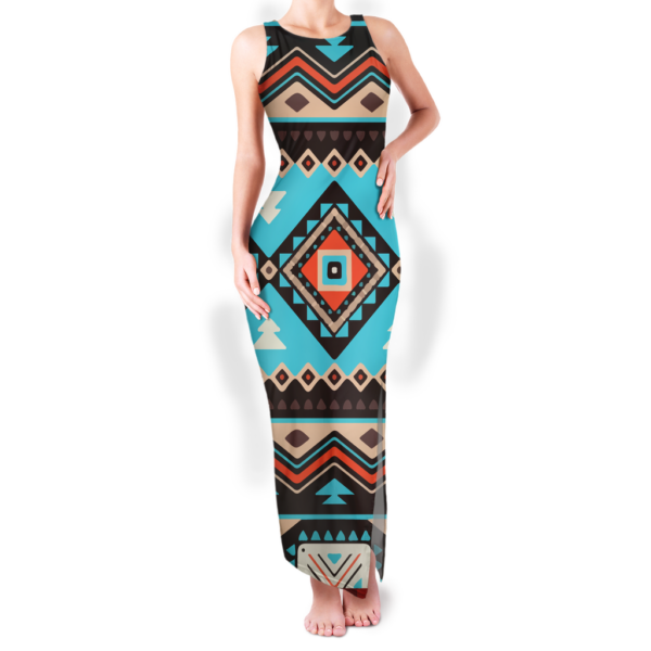 Aztec Patterns Summer Dress Women's Long Dresses  OEM Ethnic Geometric Print Maxi Sleeveless O-neck Double Slit Sundress Beach