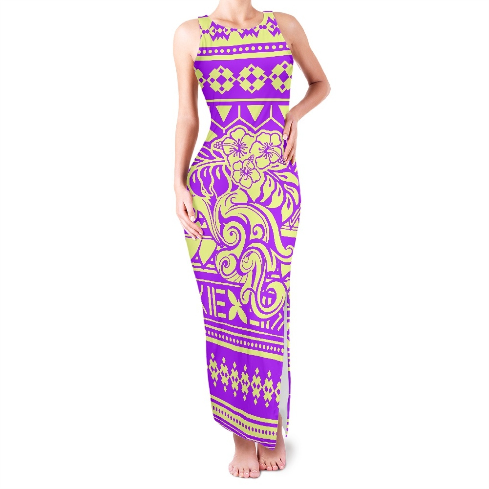 Purple Polynesia Texture Crew-neck Sleeveless Double Slit Sundress Bulk Floral Print Beach Vacation Slip Maxi Women's Dresses