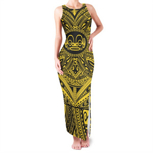 Polynesian Tribal Flowers Pattern Sleeveless Dresses High Split Dress Women Party Beach Maxi Dress Sexy Clothing  Print On Deman